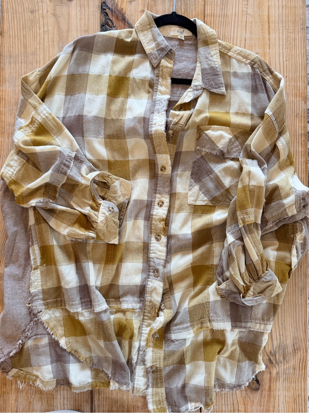 easel Plaid Button-Down Shirt in Mustard, Tan & Cream Flanel Tunic Top
